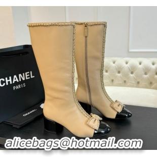 1:1 aaaaa Chanel Lambskin High Boots with Chain and Bow Beige 091118