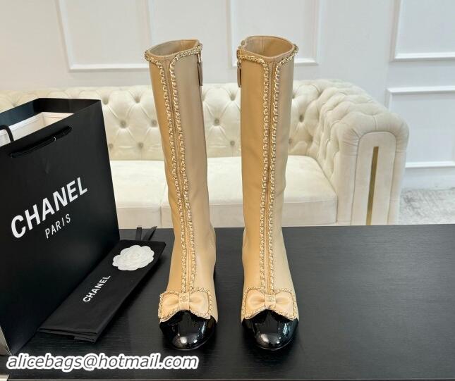 1:1 aaaaa Chanel Lambskin High Boots with Chain and Bow Beige 091118