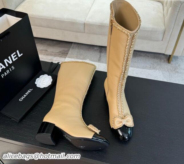 1:1 aaaaa Chanel Lambskin High Boots with Chain and Bow Beige 091118