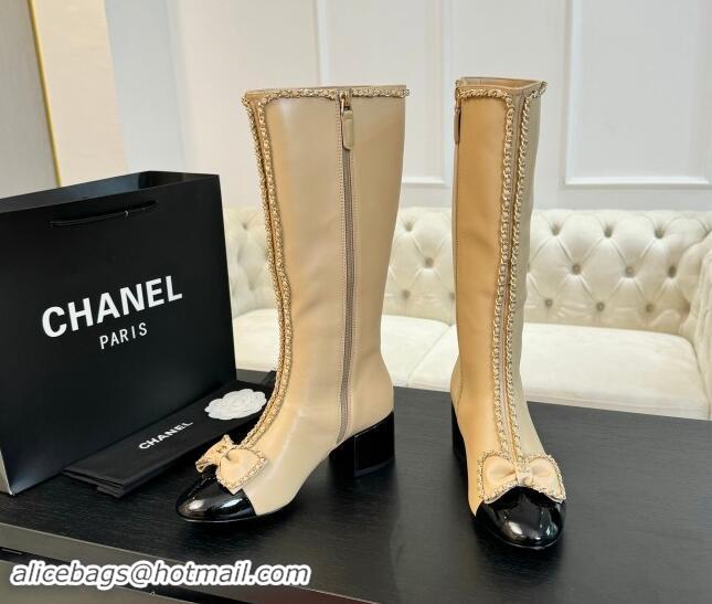 1:1 aaaaa Chanel Lambskin High Boots with Chain and Bow Beige 091118