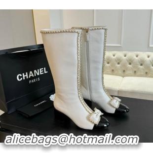 AAAAA Chanel Lambskin High Boots with Chain and Bow White 091119