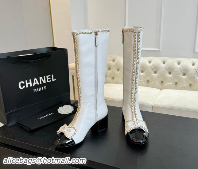 AAAAA Chanel Lambskin High Boots with Chain and Bow White 091119