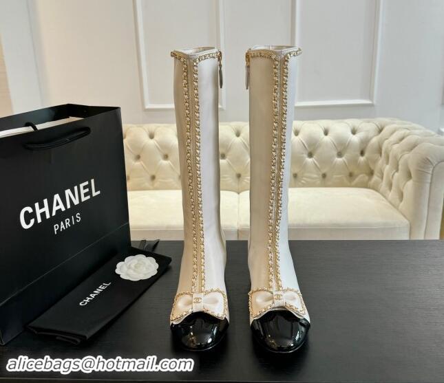 AAAAA Chanel Lambskin High Boots with Chain and Bow White 091119