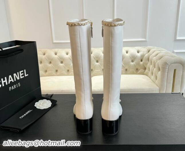 AAAAA Chanel Lambskin High Boots with Chain and Bow White 091119