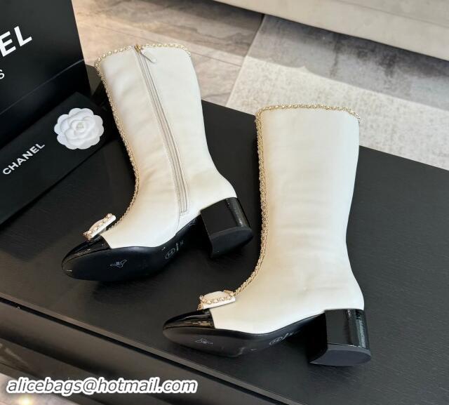 AAAAA Chanel Lambskin High Boots with Chain and Bow White 091119