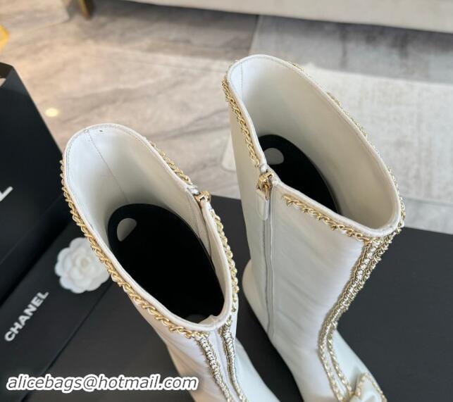 AAAAA Chanel Lambskin High Boots with Chain and Bow White 091119