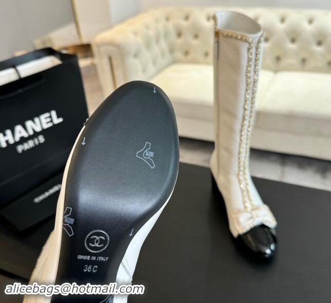 AAAAA Chanel Lambskin High Boots with Chain and Bow White 091119