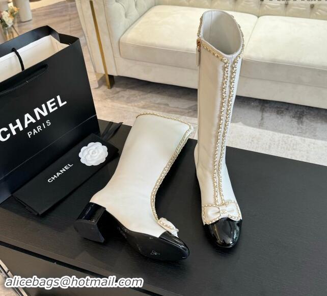 AAAAA Chanel Lambskin High Boots with Chain and Bow White 091119