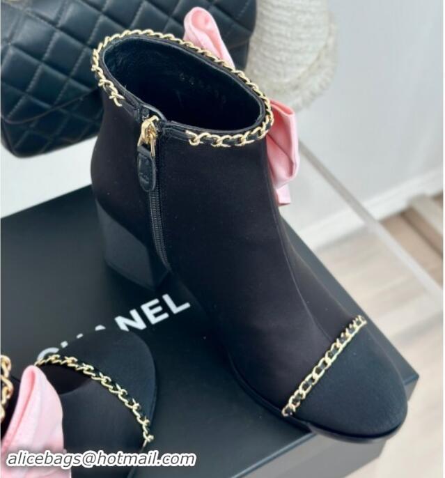 Duplicate Chanel Fabric & Grosgrain Ankle Boots with Chain and Maxi Bow Pink/Black 091120