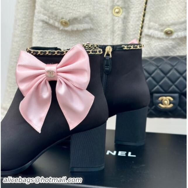 Duplicate Chanel Fabric & Grosgrain Ankle Boots with Chain and Maxi Bow Pink/Black 091120