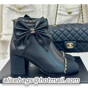 Good Quality Chanel Calfskin & Grosgrain Ankle Boots with Chain and Maxi Bow Black 091121