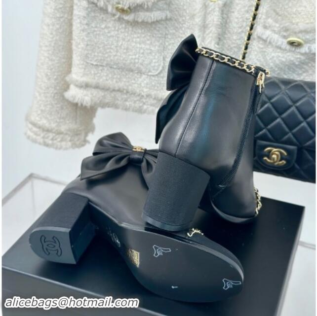 Good Quality Chanel Calfskin & Grosgrain Ankle Boots with Chain and Maxi Bow Black 091121