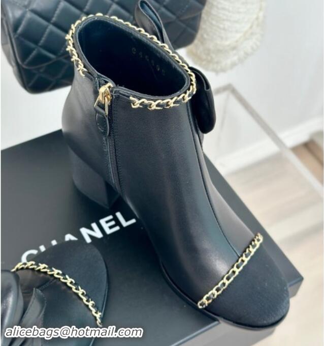 Good Quality Chanel Calfskin & Grosgrain Ankle Boots with Chain and Maxi Bow Black 091121