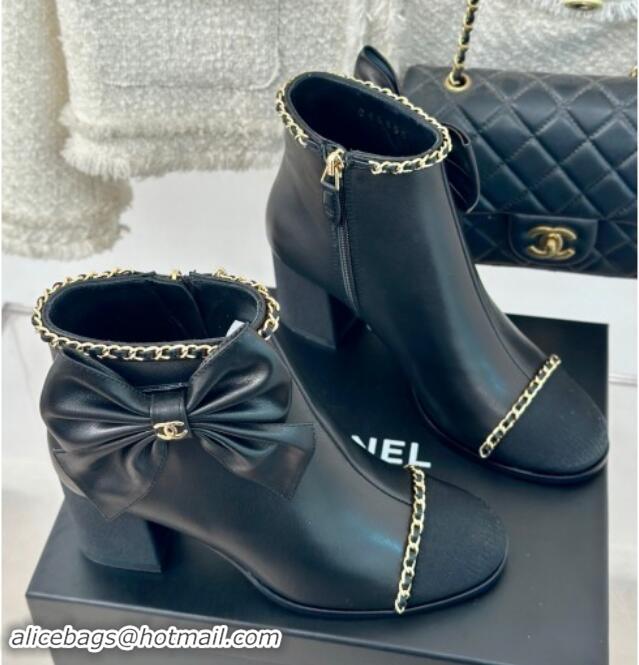 Good Quality Chanel Calfskin & Grosgrain Ankle Boots with Chain and Maxi Bow Black 091121