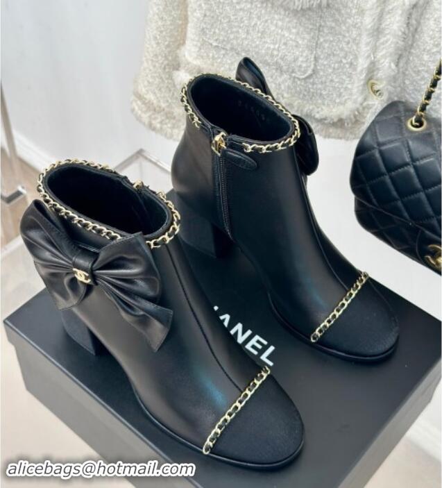 Good Quality Chanel Calfskin & Grosgrain Ankle Boots with Chain and Maxi Bow Black 091121