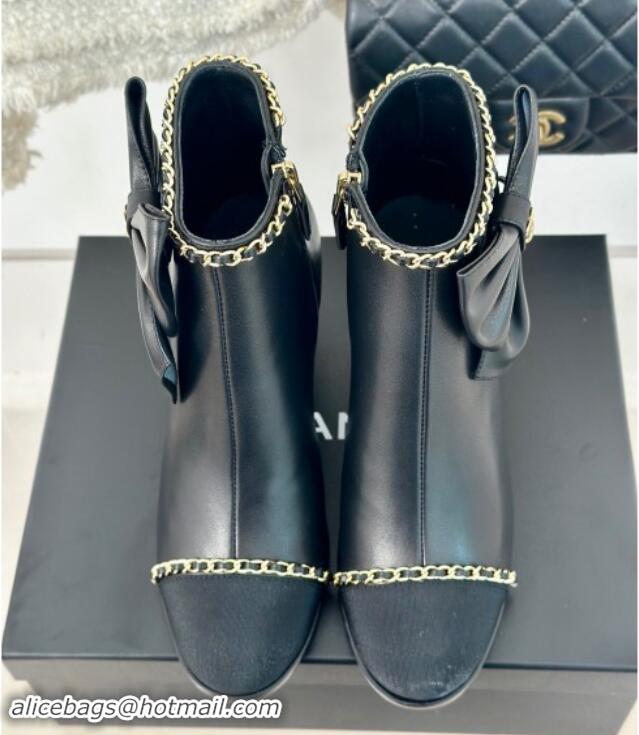 Good Quality Chanel Calfskin & Grosgrain Ankle Boots with Chain and Maxi Bow Black 091121