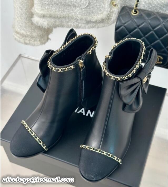 Good Quality Chanel Calfskin & Grosgrain Ankle Boots with Chain and Maxi Bow Black 091121