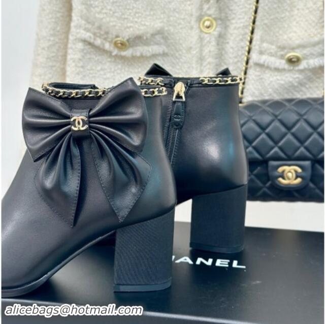 Good Quality Chanel Calfskin & Grosgrain Ankle Boots with Chain and Maxi Bow Black 091121