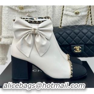 Hot Style Chanel Calfskin & Grosgrain Ankle Boots with Chain and Maxi Bow White 091122