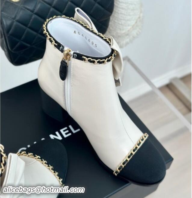 Hot Style Chanel Calfskin & Grosgrain Ankle Boots with Chain and Maxi Bow White 091122