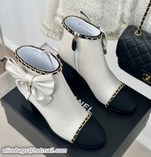 Hot Style Chanel Calfskin & Grosgrain Ankle Boots with Chain and Maxi Bow White 091122