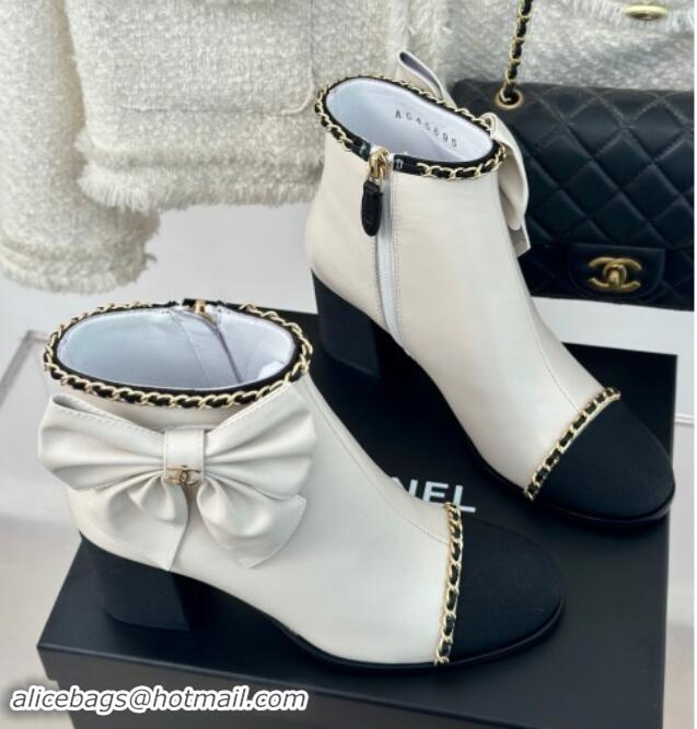 Hot Style Chanel Calfskin & Grosgrain Ankle Boots with Chain and Maxi Bow White 091122