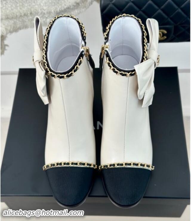 Hot Style Chanel Calfskin & Grosgrain Ankle Boots with Chain and Maxi Bow White 091122