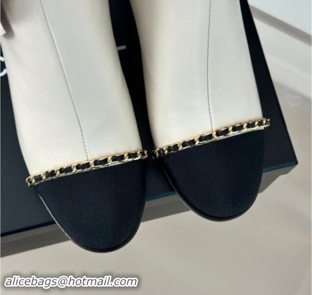 Hot Style Chanel Calfskin & Grosgrain Ankle Boots with Chain and Maxi Bow White 091122