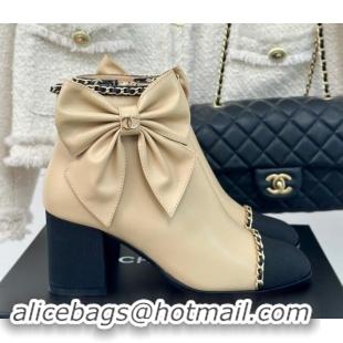 Unique Style Chanel Calfskin & Grosgrain Ankle Boots with Chain and Maxi Bow Beige 091124