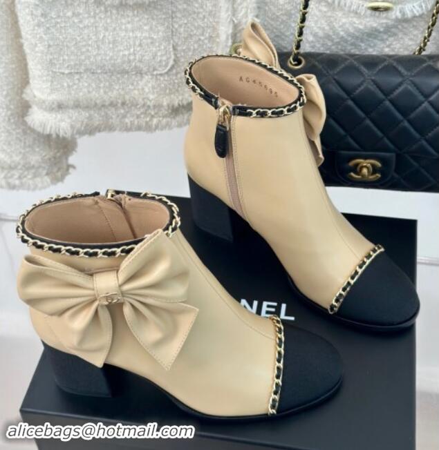 Unique Style Chanel Calfskin & Grosgrain Ankle Boots with Chain and Maxi Bow Beige 091124