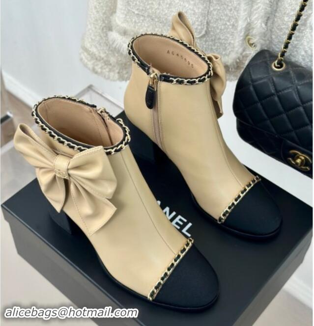 Unique Style Chanel Calfskin & Grosgrain Ankle Boots with Chain and Maxi Bow Beige 091124