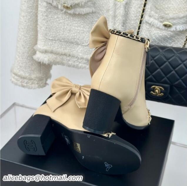 Unique Style Chanel Calfskin & Grosgrain Ankle Boots with Chain and Maxi Bow Beige 091124