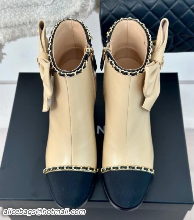 Unique Style Chanel Calfskin & Grosgrain Ankle Boots with Chain and Maxi Bow Beige 091124