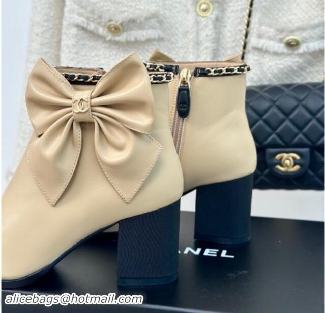 Unique Style Chanel Calfskin & Grosgrain Ankle Boots with Chain and Maxi Bow Beige 091124