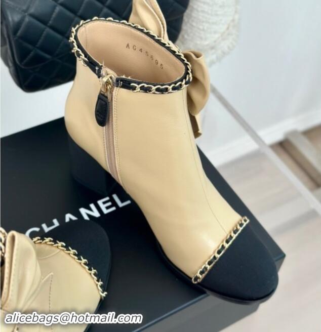 Unique Style Chanel Calfskin & Grosgrain Ankle Boots with Chain and Maxi Bow Beige 091124