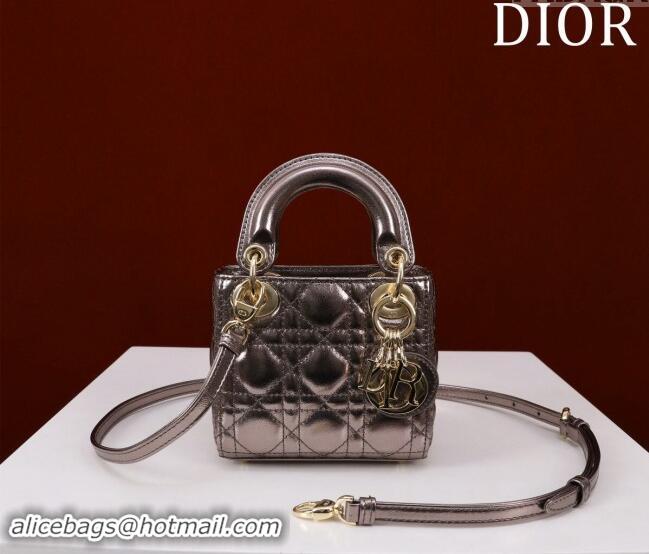 Big Discount Dior Micro Lady Dior Bag in metallic Leather M0856 Grey 2024