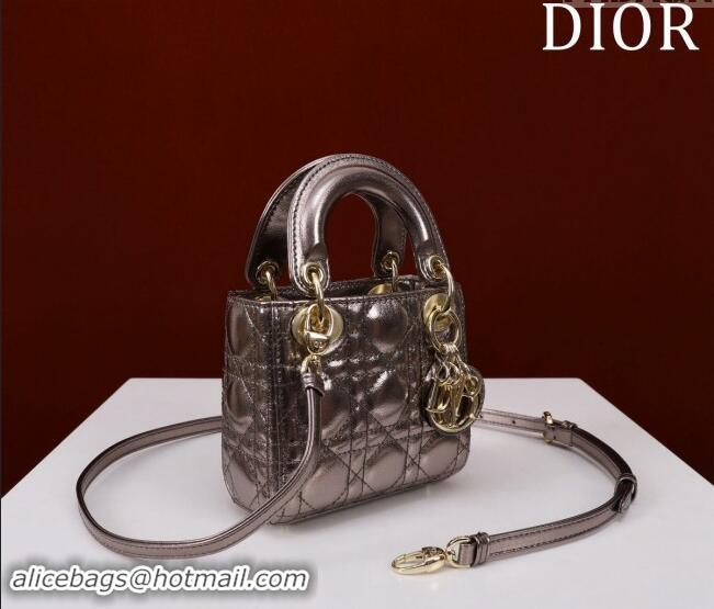 Big Discount Dior Micro Lady Dior Bag in metallic Leather M0856 Grey 2024