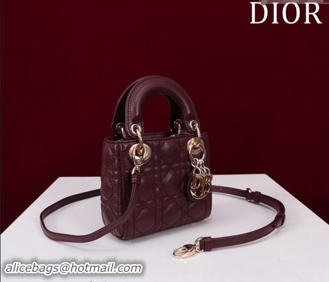 Low Cost Dior Micro Lady Dior Bag in Lambskin M0856 Dark Burgundy 2024