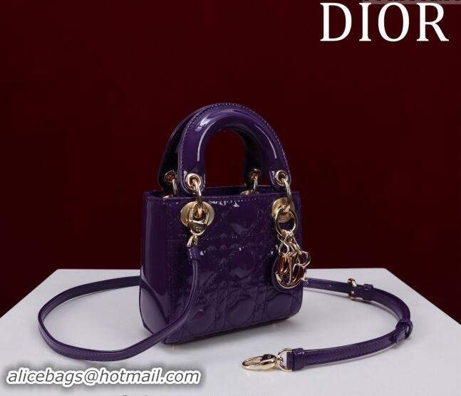 New Fashion Dior Micro Lady Dior Bag in Patent Leather M0856 Dark Purple 2024