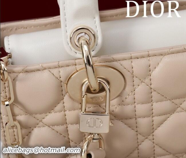 New Design Dior Small Lady D-Joy Bag in Two-Tone Cannage Lambskin M0541 Beige/White 2024