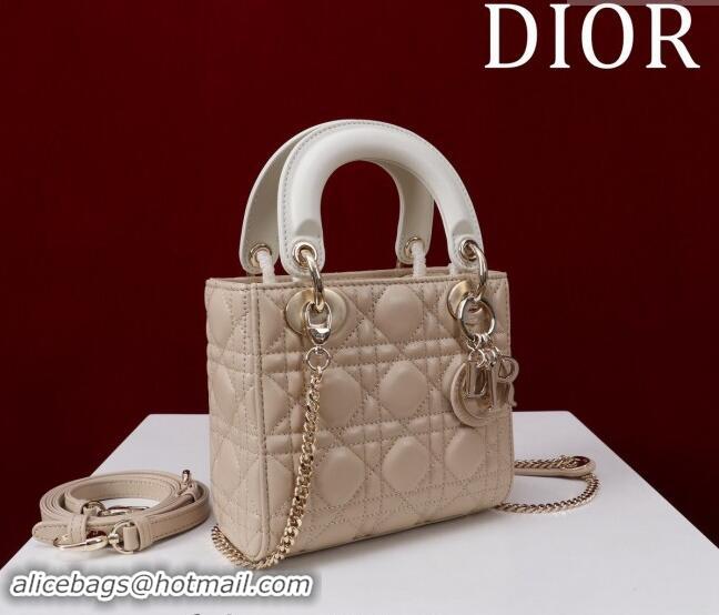 Famous Brand Dior Mini Lady Dior Bag in Two-Tone Cannage Lambskin M0505 Beige/White 2024