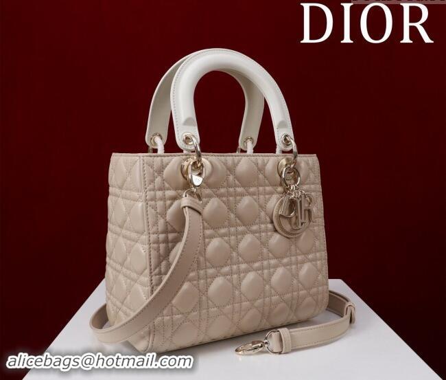 Top Design Dior Medium Lady Bag in Two-Tone Cannage Lambskin M0565 Beige/White 2024