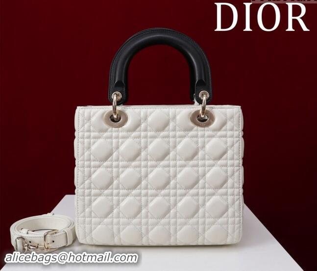 Pretty Style Dior Medium Lady Bag in Two-Tone Cannage Lambskin M0565 White/Black 2024