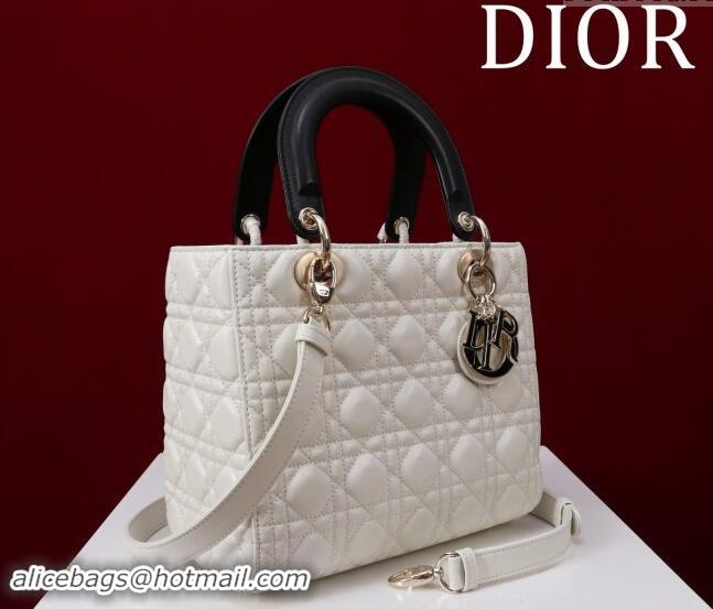 Pretty Style Dior Medium Lady Bag in Two-Tone Cannage Lambskin M0565 White/Black 2024