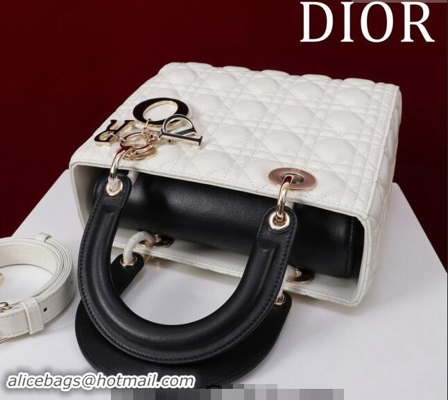 Pretty Style Dior Medium Lady Bag in Two-Tone Cannage Lambskin M0565 White/Black 2024