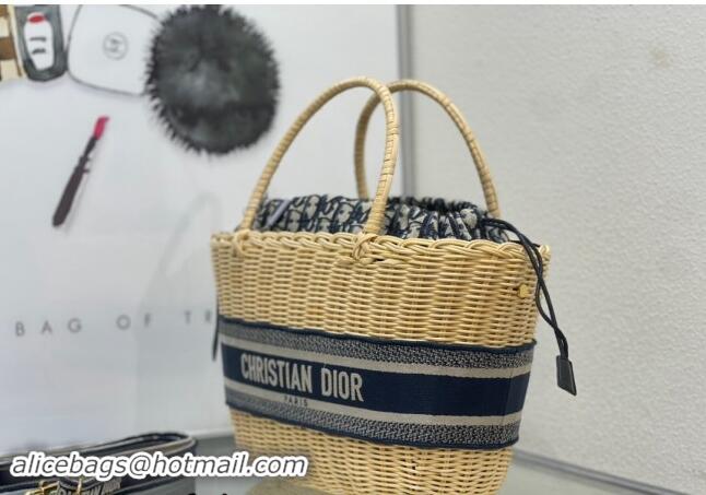 Best Price Dior Hat Basket Bag in Wicker and Blue Dior Oblique Jacquard DR2568 Blue 2024