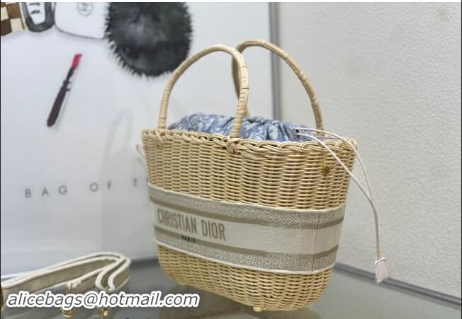 Traditional Specials Dior Hat Basket Bag in Wicker and Blue Dior Oblique Jacquard DR2568 White 2024