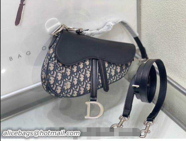 Top Quality Dior Medium Saddle Bag with Strap in Blue Oblique Jacquard and Smooth Calfskin DR5528 2024