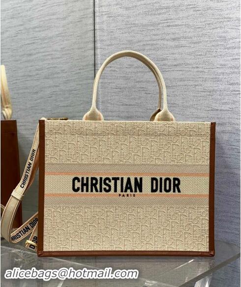 Best Price Dior Medium Dior Book Tote Bag in Beige Dior Oblique Embroidered Raffia Straw and Camel Brown Calfskin D3105 