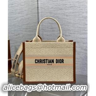 Top Grade Dior Small Dior Book Tote Bag in Beige Dior Oblique Embroidered Raffia Straw and Camel Brown Calfskin D3106 20